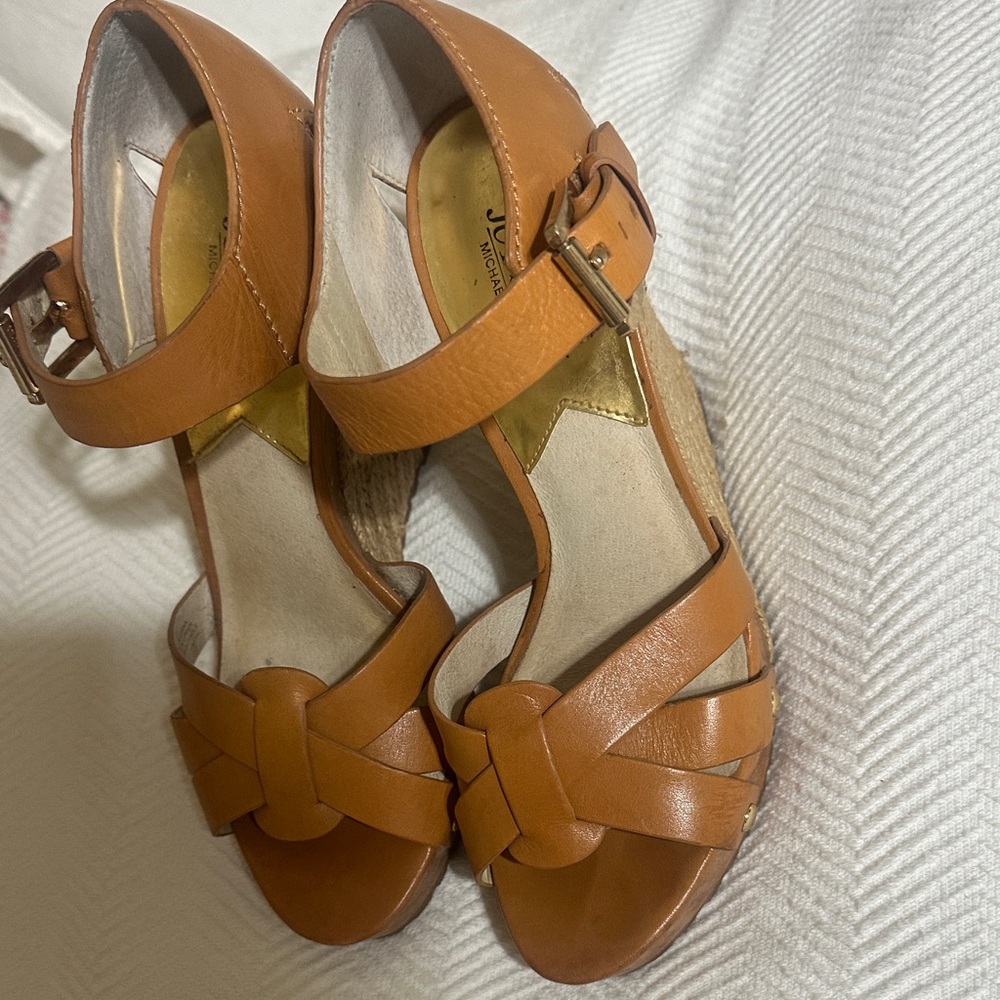 Michael Kors Tan Leather Wedge Sandals